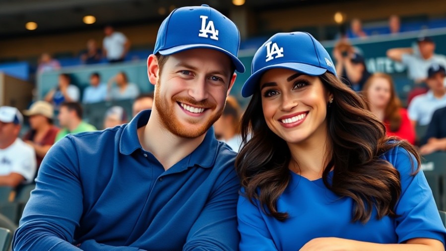 Prince Harry and Meghan Markle in Dodgers caps at a stadium, showcasing celebrity relationships.