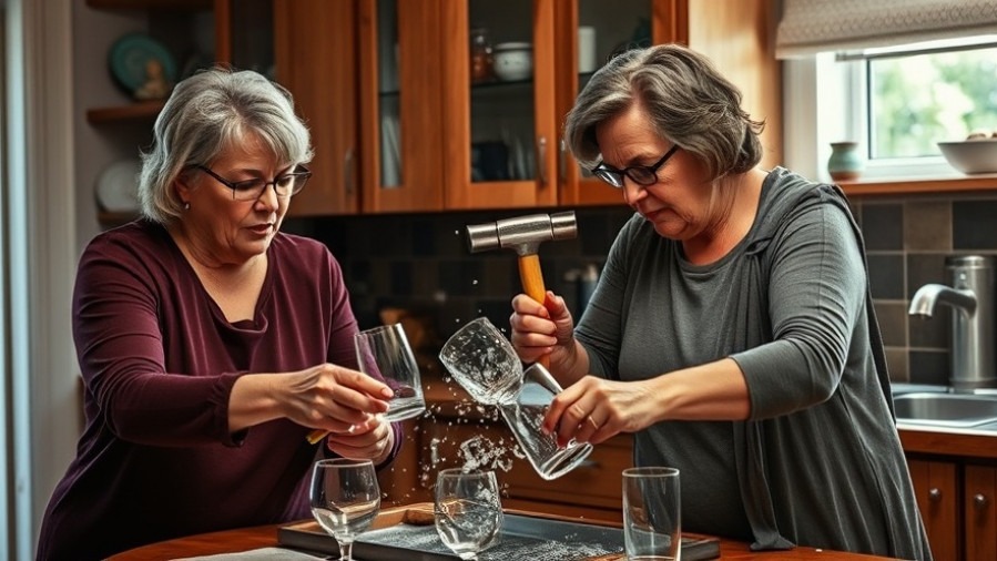 Two middle-aged women expressing stress relief for women by breaking glasses with hammers in a kitchen.