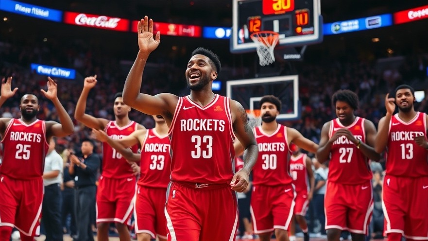 Houston Rockets in red uniforms celebrate after a game, showcasing local sports headlines.
