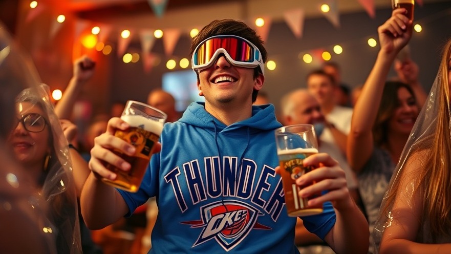 Joyful young Thunder fan celebrating NBA highlights with drinks, wearing ski goggles.