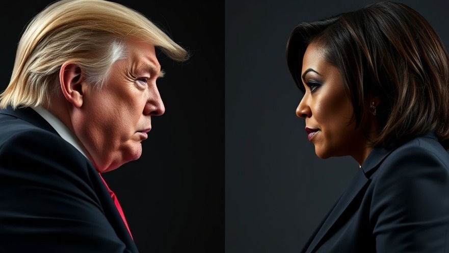 Photorealistic image of serious Trump and Kamala Harris facing each other, highlighting political narratives.