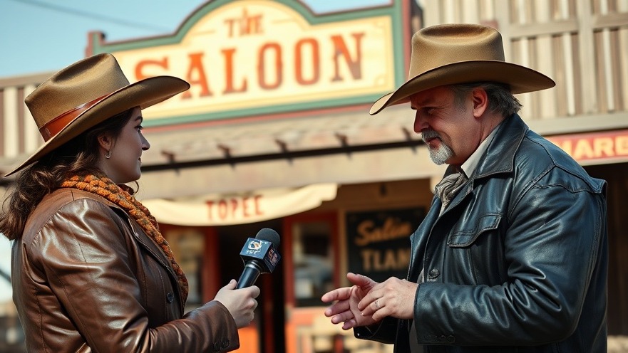 Cowboy in leather jacket engaging with reporter at a vintage saloon, San Antonio events news.