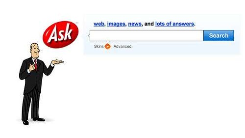 Old search engine interface with cartoon mascot, Ask.com closure.