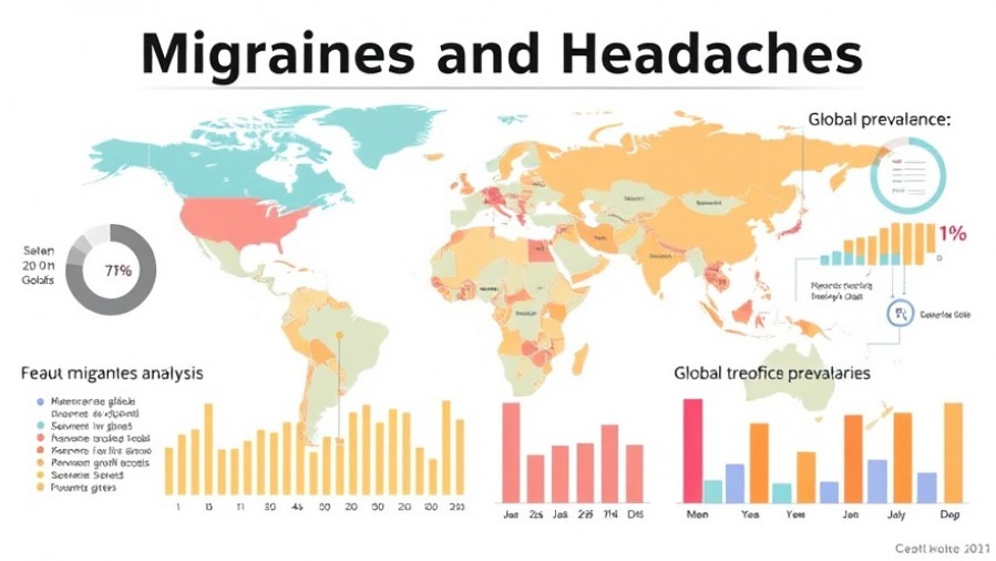 Infographic on global burden of headaches, showcasing migraine prevalence data and analysis.