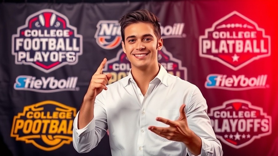 Confident young man promoting Alabama Crimson Tide amidst colorful college football playoffs logos.