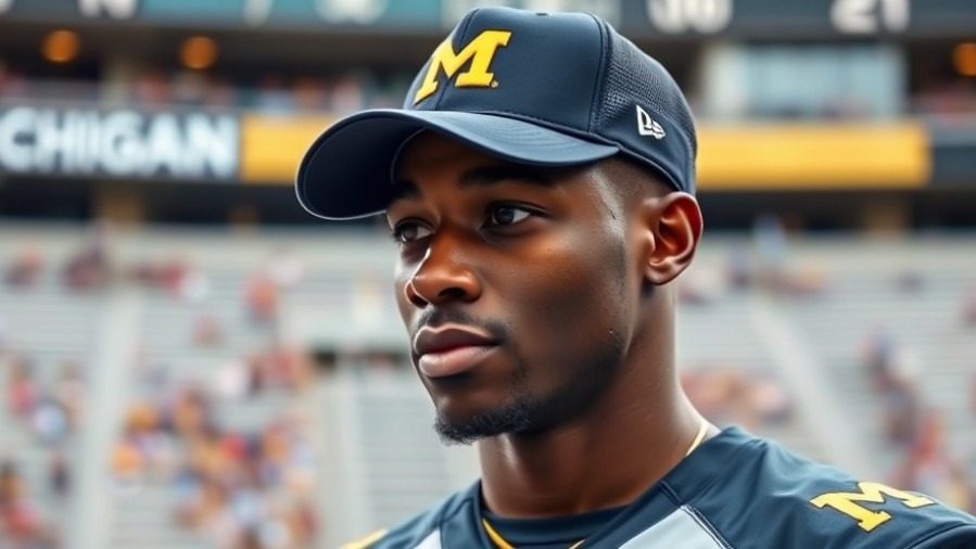 Focused black male in Michigan football gear, capturing the essence of college sports ethics.