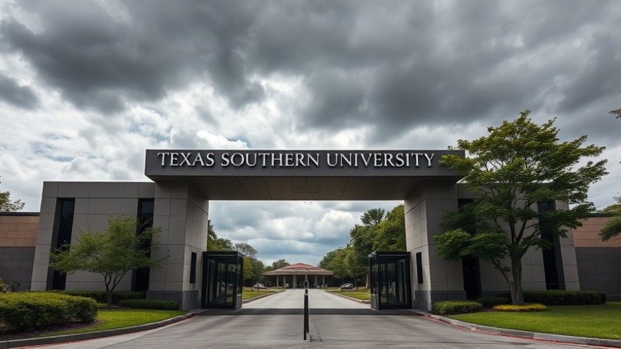 Modern entrance gate of Texas Southern University, highlighting TSU financial audit concerns.
