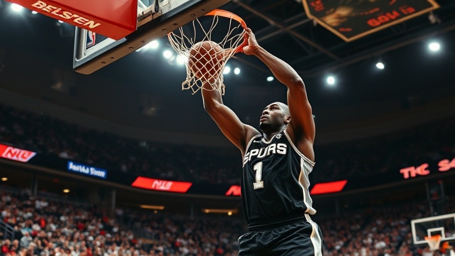 Photorealistic image of Spurs player #1 dunking, showcasing NBA debut analysis with dynamic lighting.