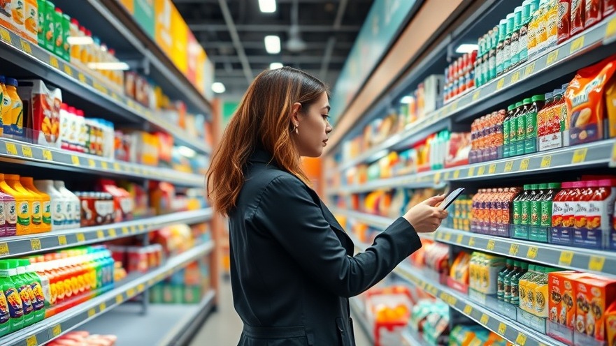 Woman shopping in a vibrant supermarket aisle showcasing consumer technology trends.