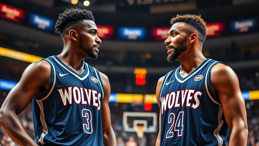 Timberwolves players discussing NBA trade news in vibrant arena, colorful jerseys.