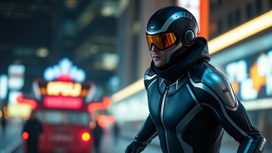 Sleek futuristic suit in 'RUNNING MAN', a notable Stephen King adaptation.