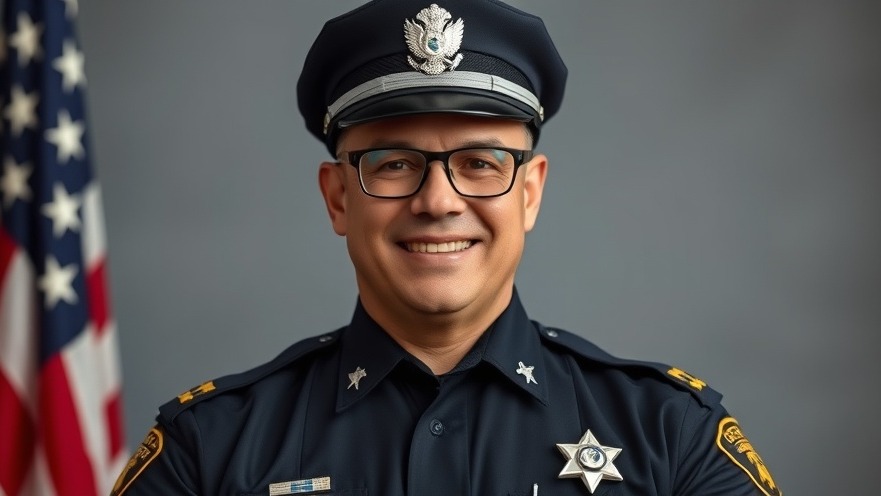 Photorealistic portrait of a smiling police officer with glasses, representing Houston news crime.