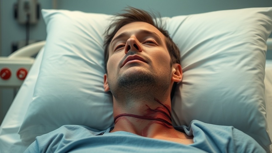 Man in hospital bed with neck stitches, featuring dallas crime news context.