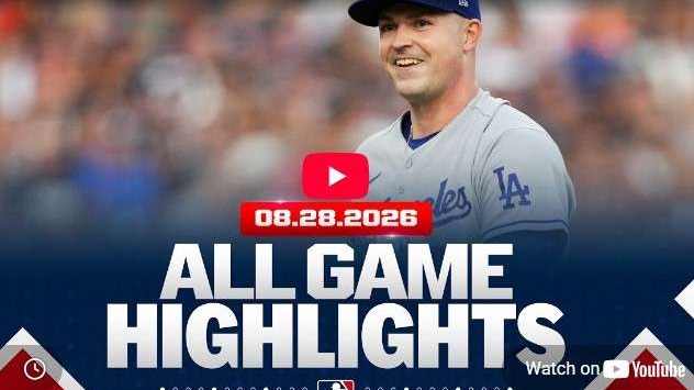 Baseball Highlights 8/28: Player smiling in uniform on field with graphics.