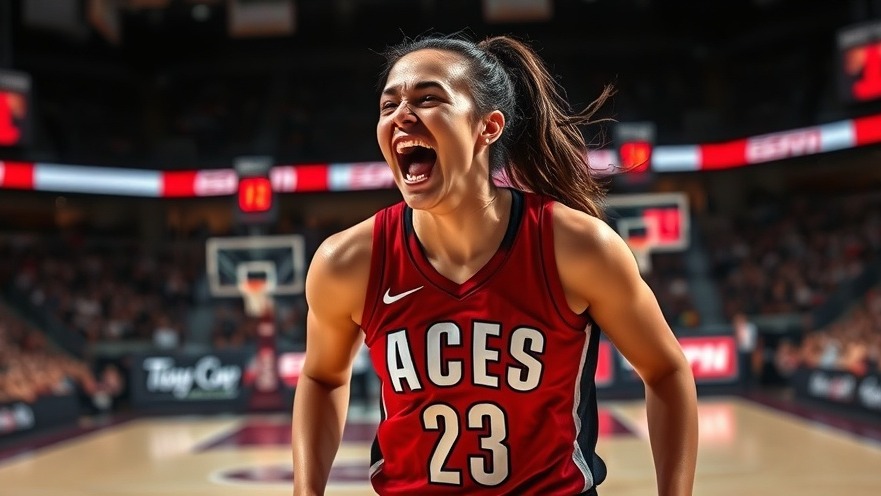 Dynamic female player in 'ACES' jersey celebrating playoff basketball triumph.