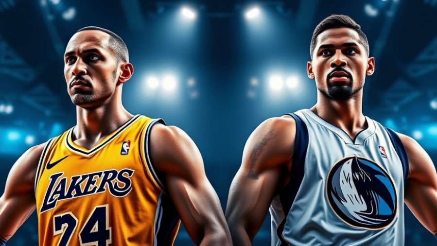 Cinematic NBA season highlights poster of Lakers vs Mavericks players in action