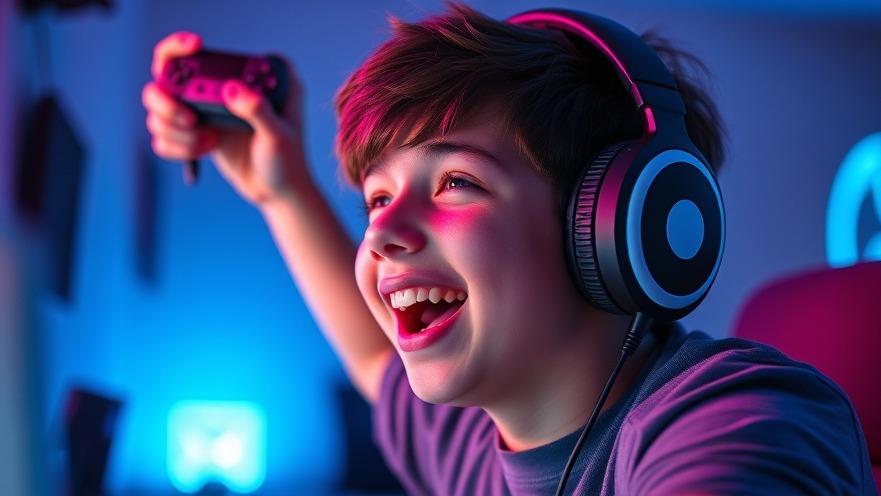 Euphoric young gamer celebrates victory in vibrant esports competition atmosphere.