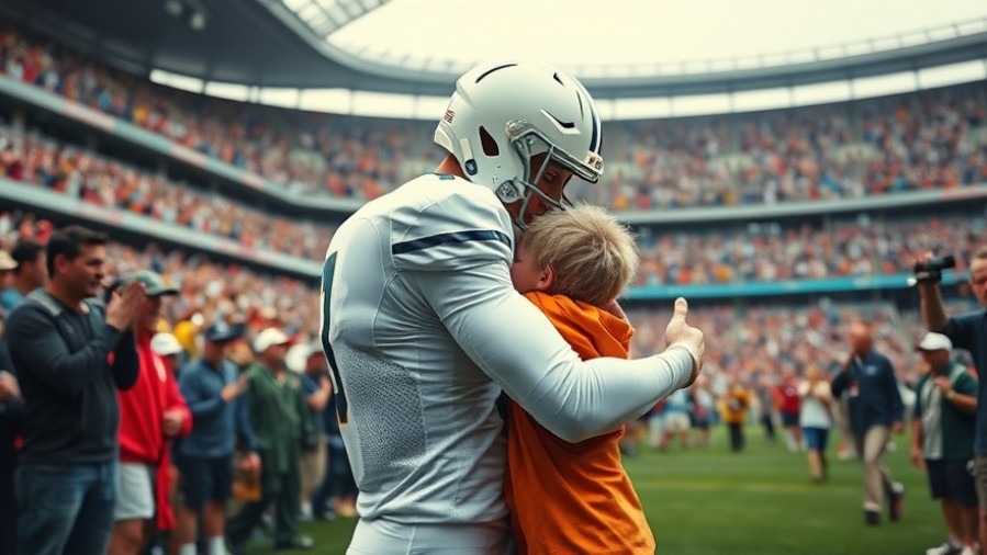 Baker Mayfield community engagement as a football player embraces a child in a stadium.