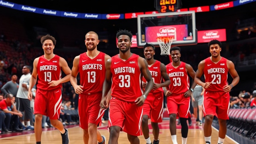 Jubilant Houston Rockets in red uniforms celebrating NBA game highlights.