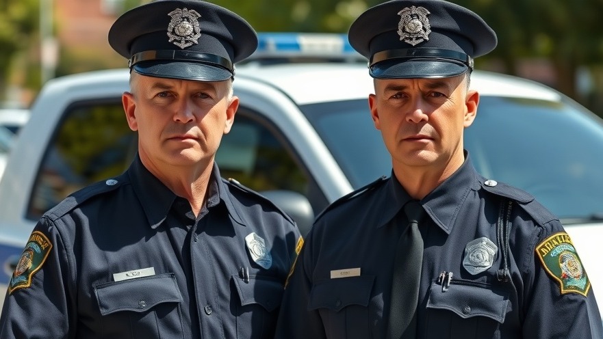 Two police officers in front of a car, highlighting Austin crime reports and public safety.