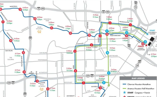 Chevron Houston Marathon street closures map with detailed routes.