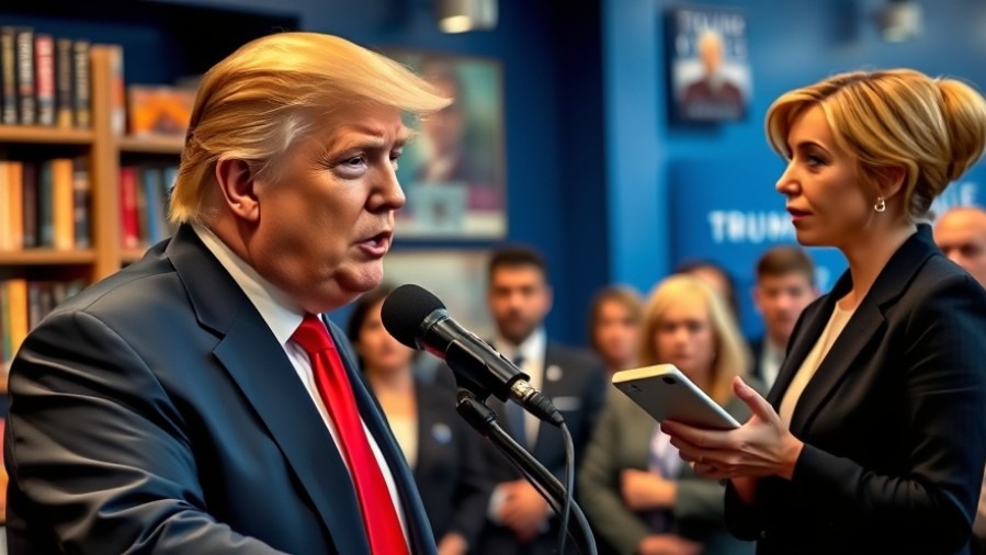 Trump discussing US China relations at a bookstore event, dynamic expressions.