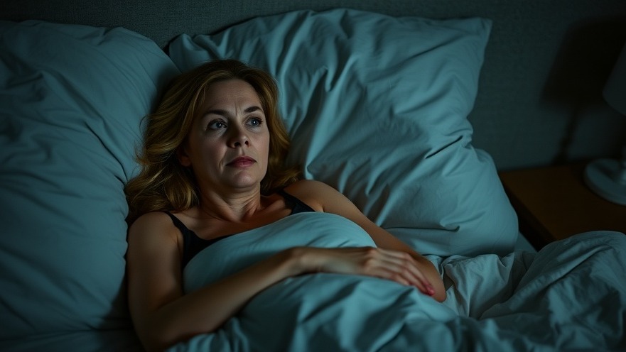 Middle-aged woman awake in bed at night, struggling with sleep cycles.