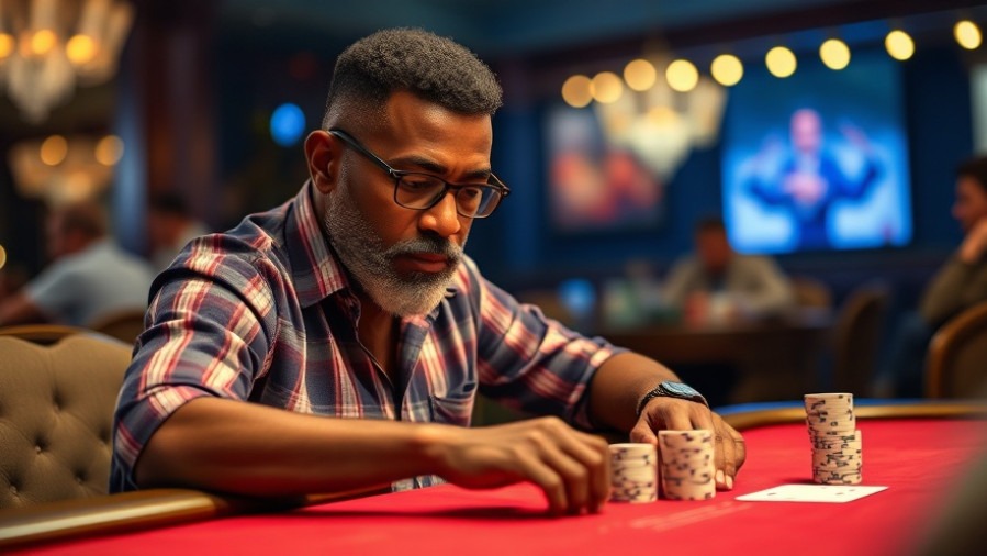 Middle-aged black man at a poker game, reflecting themes of gambling and sports corruption.