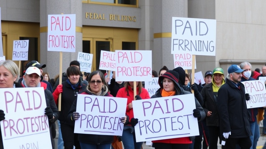 Crowd at Minnesota immigration protests holding 'PAID PROTESTER' signs outside federal building.