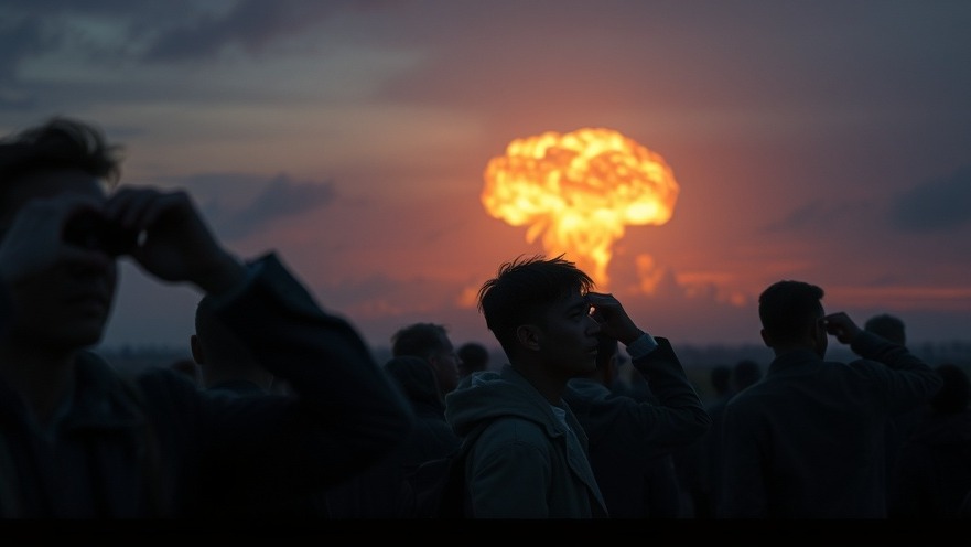 Distressed civilians react to a distant explosion in a dramatic breaking news scene.