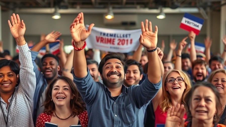 Supporters celebrating Democratic victories on Election Day 2025, vibrant indoor crowd.