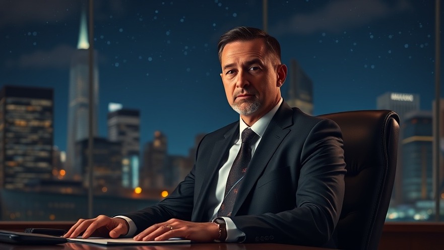 Serious man in a suit discusses late-night hosts controversy against a starry cityscape.