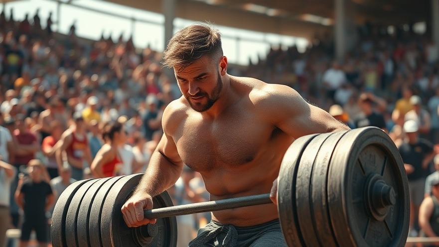 Competitive strength sports athlete lifting heavy weight with intense emotional drive under bright sunlight.