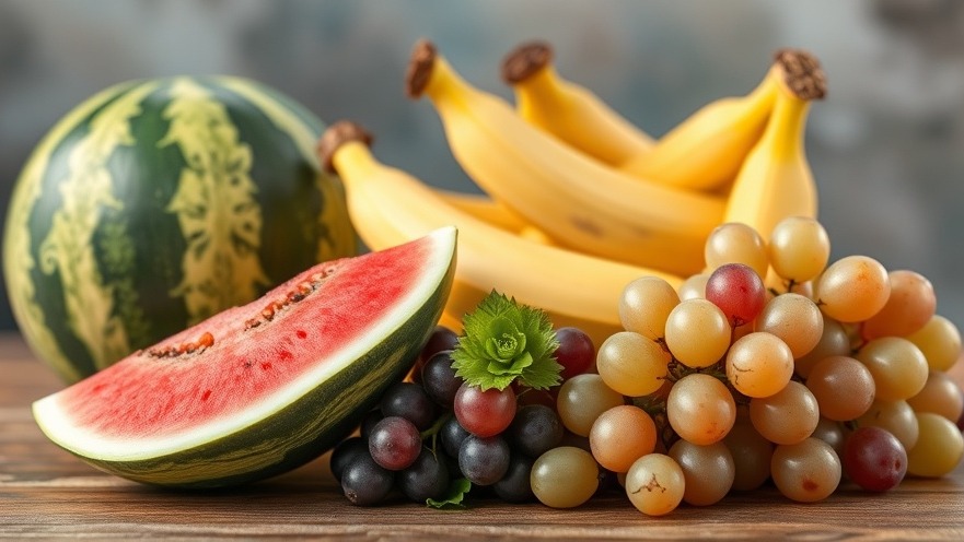 Colorful fruits like watermelon, bananas, and grapes for a longevity diet.