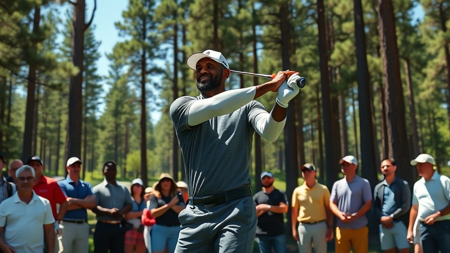 LeBron James humorously mimics a golf swing in NBA highlights attire.