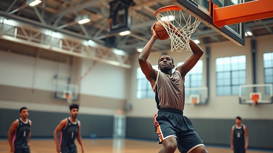 Energetic young black basketball player dunking indoors during practice, showcasing skills.