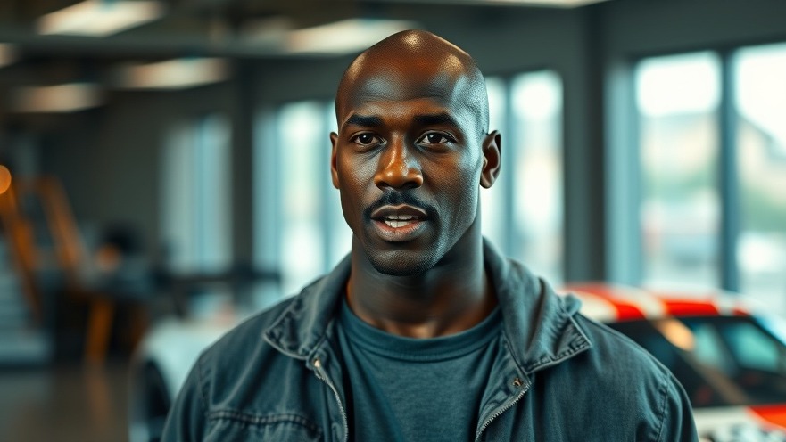 Michael Jordan speaks confidently in street clothes with a race car behind him, capturing NASCAR news.