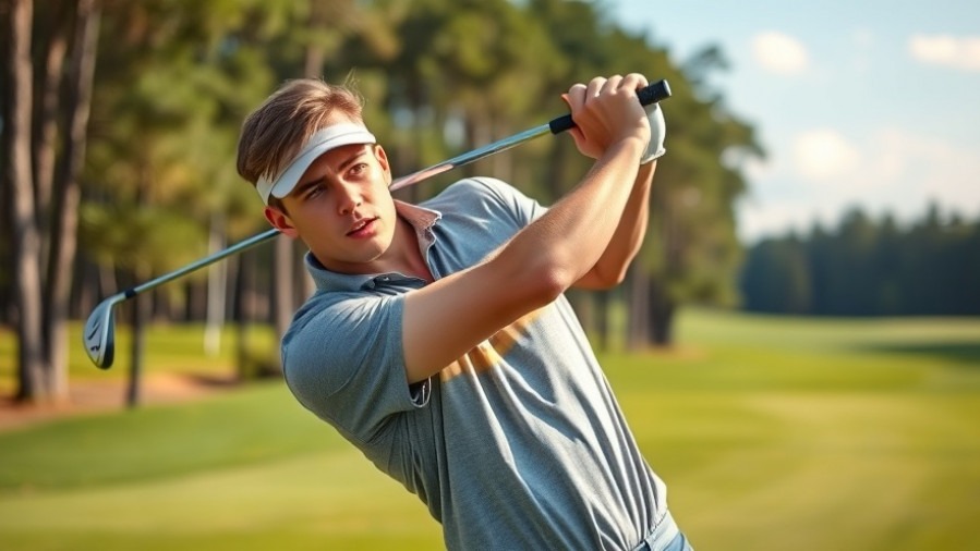 Athletic young male golfer preparing to swing on a sunny golf course.