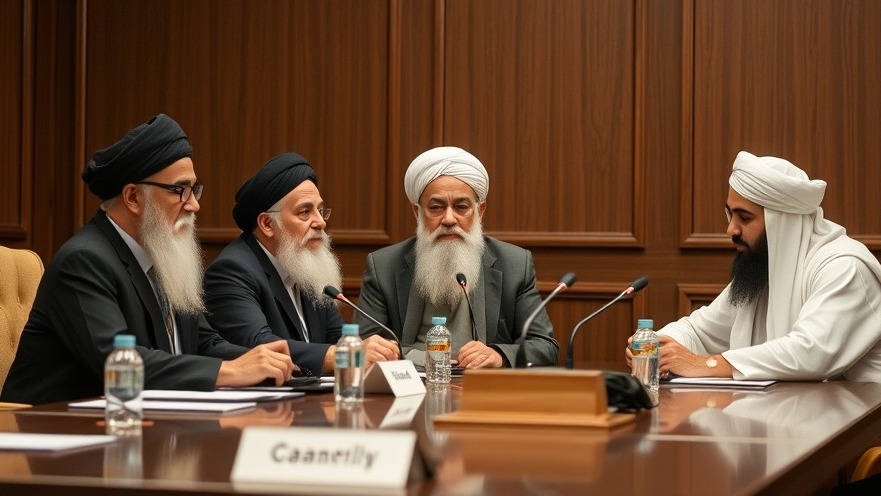 Muslim Ayatollahs at a conference table discussing US Iran relations and diplomatic negotiations.