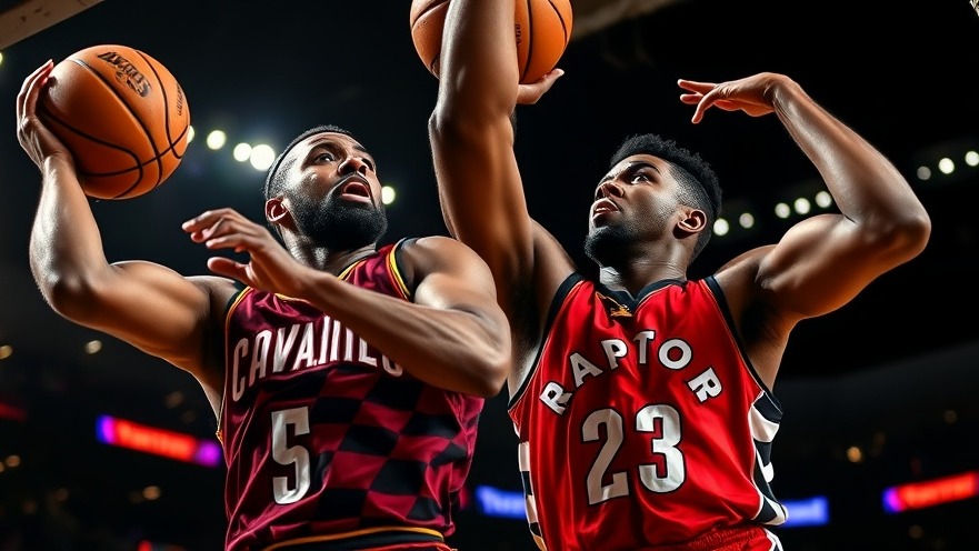 Intense NBA playoffs highlights: Cavaliers and Raptors players leap for the ball.