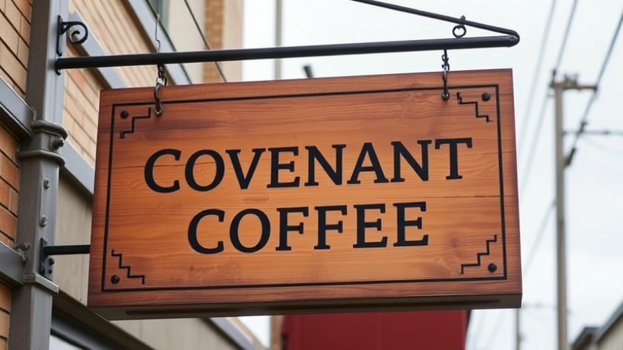 Covenant Coffee sign highlighting festive coffee offerings for magical holiday activities in Bakersfield.