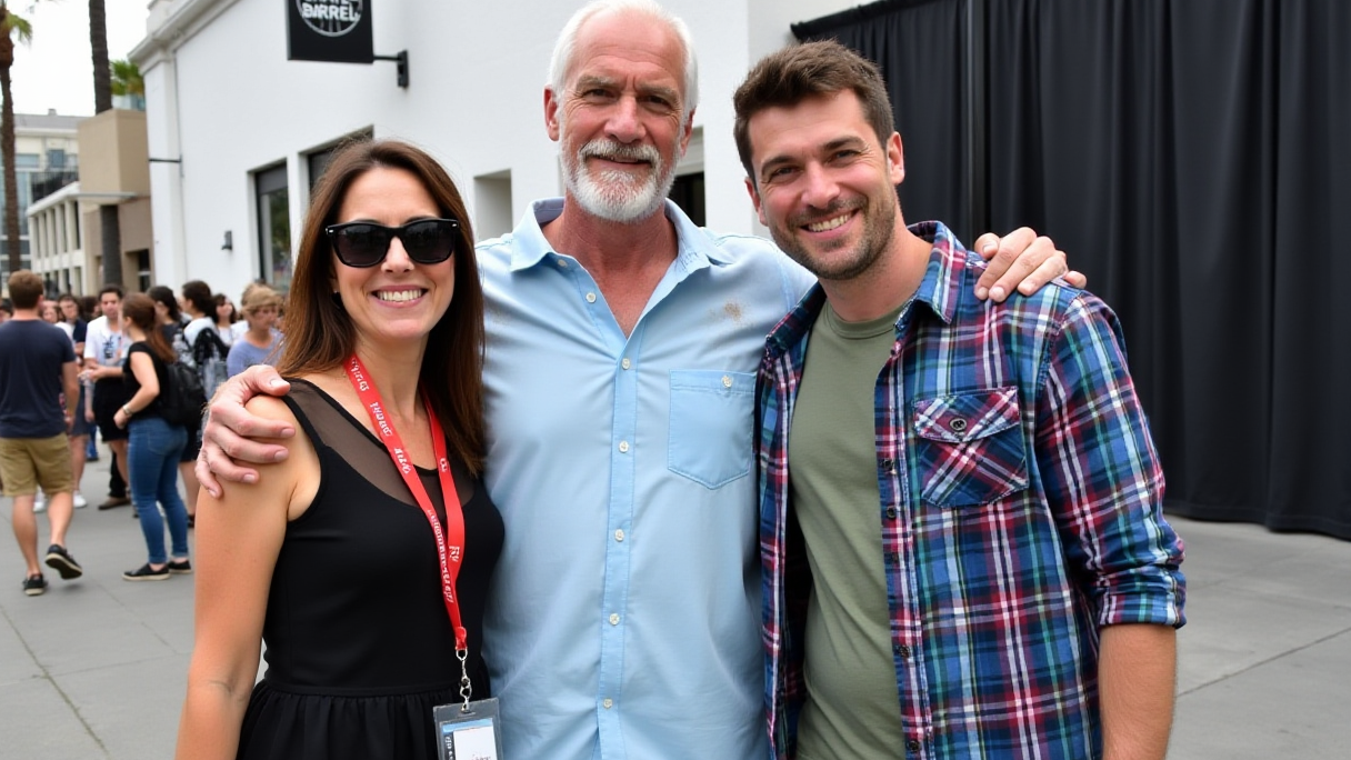 Middle-aged couple smiling at night event with warm lighting.