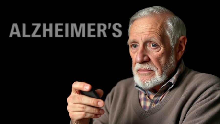 Older man focused on healthy aging tips, holding a small object, against a bold Alzheimer's background.