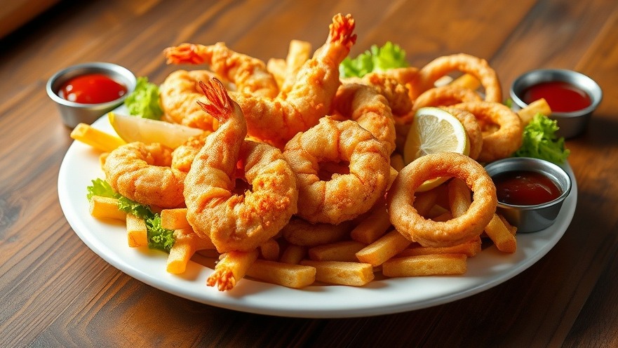 Delicious seafood platter featuring shrimp and onion rings at Houston seafood restaurants.