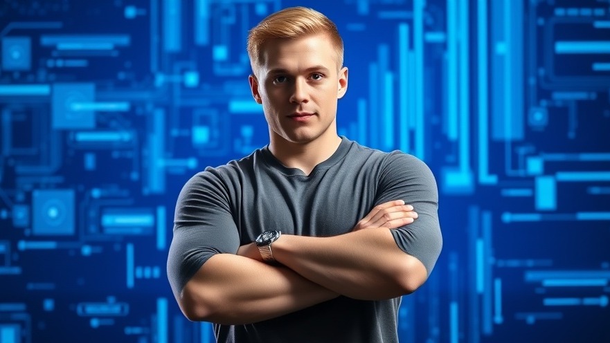 Confident man against a digital blue background, showcasing biotechnology advancements.