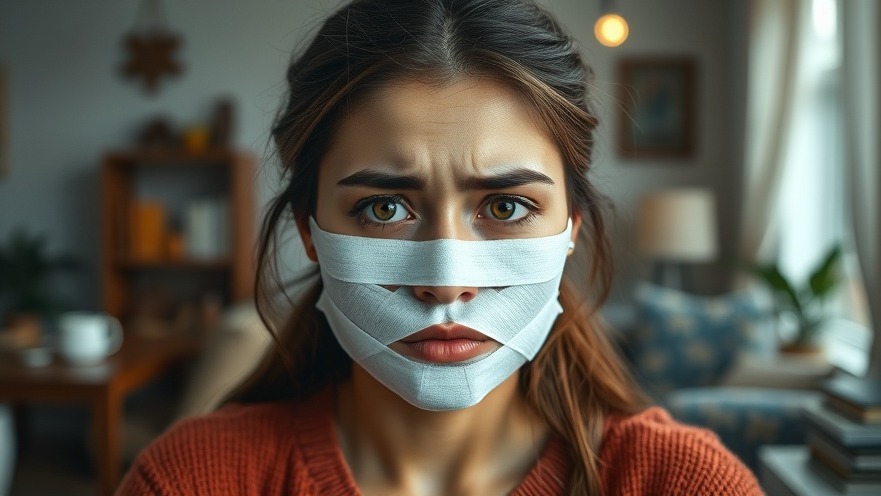 Young woman with facial bandages, concerned about chemical peel burns, beauty industry regulations.