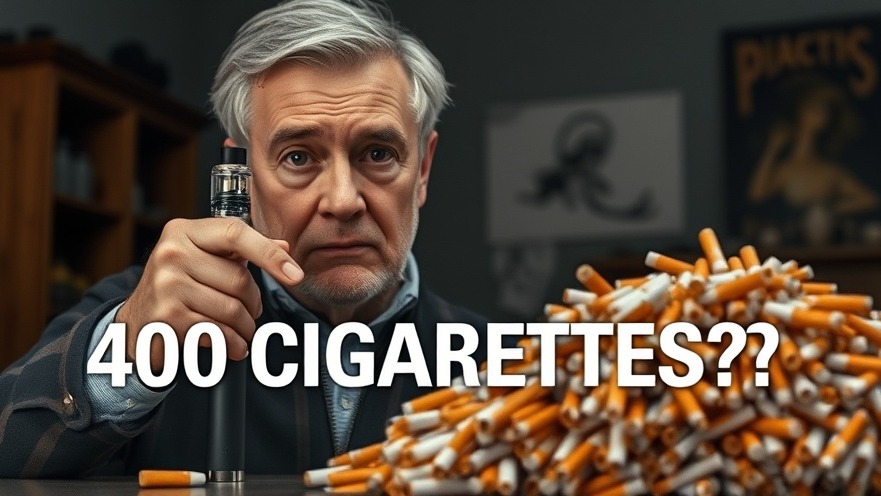 Concerned man pointing at vaping device amid cigarettes, highlighting vaping health risks.