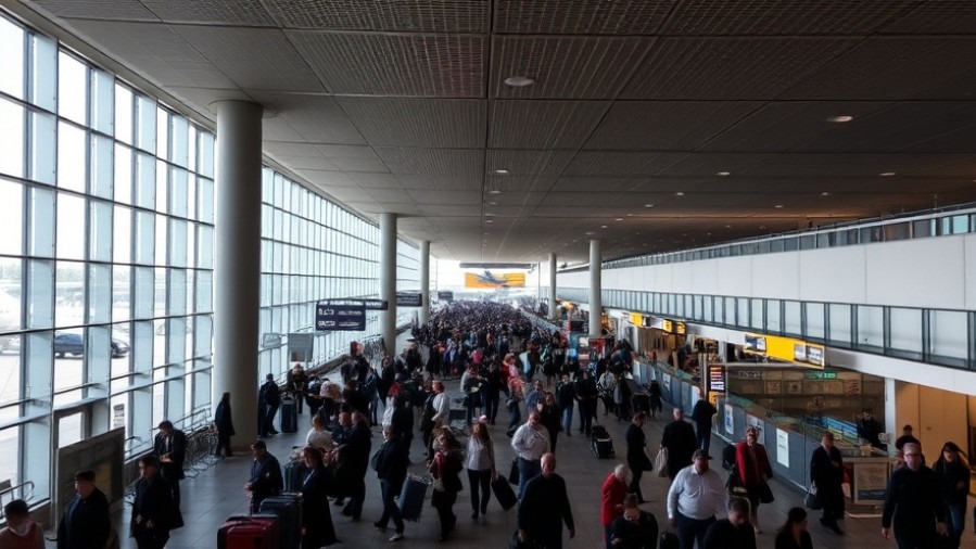 Busy airport scene amidst government shutdown and federal legislation news.