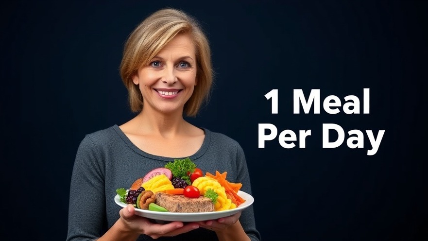 Confident woman with healthy meal plate promoting OMAD diet benefits of fasting.