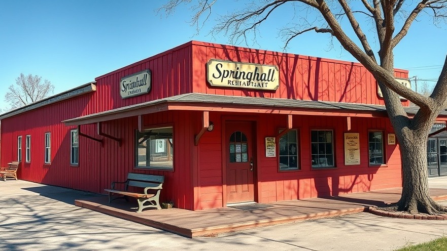 Quaint red Springhall Restaurant in Austin, showcasing local business news ambiance.